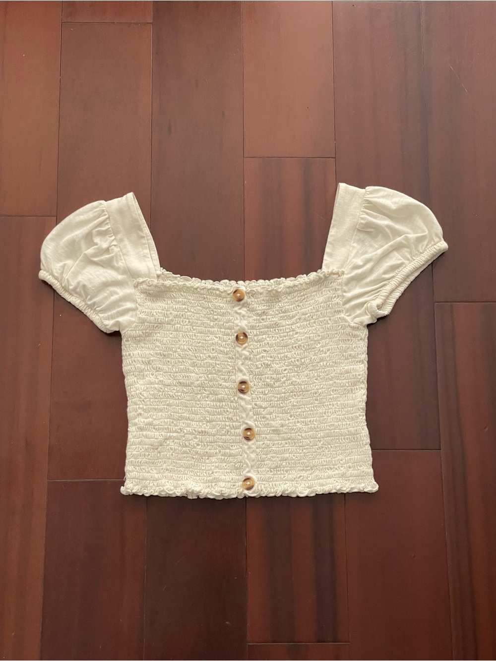 Mudd Cream Smocked Puff-Sleeve Crop Top with Button Front